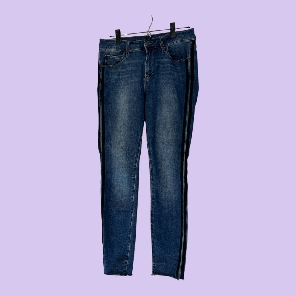 Tahari Skinny Medium Shade Blue Jeans Double Black Stripe Trim, No Hem, 6/28